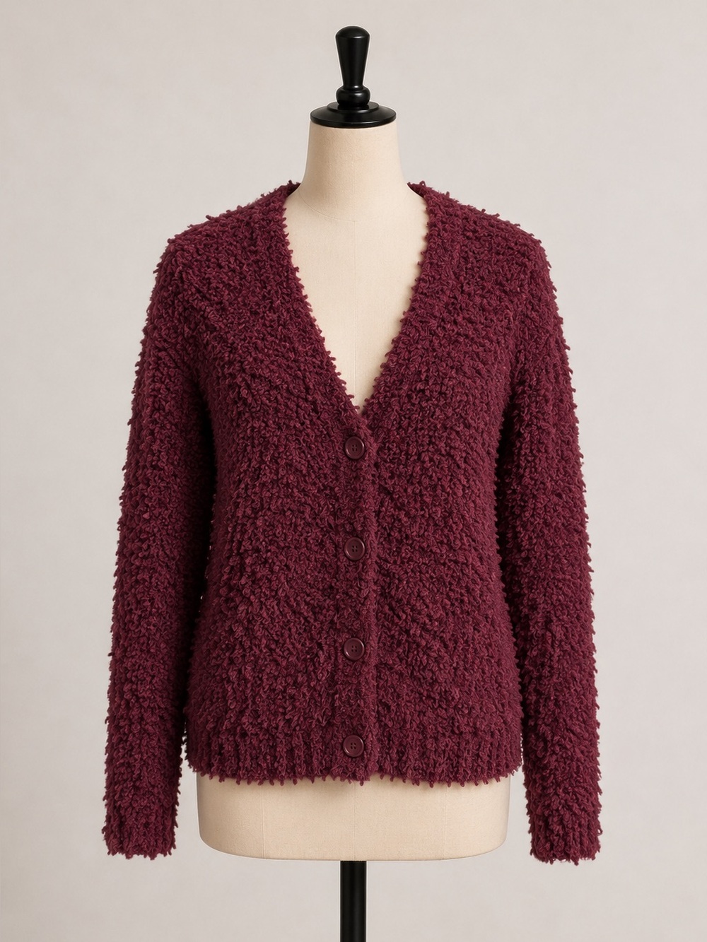 NEW rxb Women Zinfandel Burgundy Popcorn Knit‎ Fuzzy Button Front Cardigan SMALL